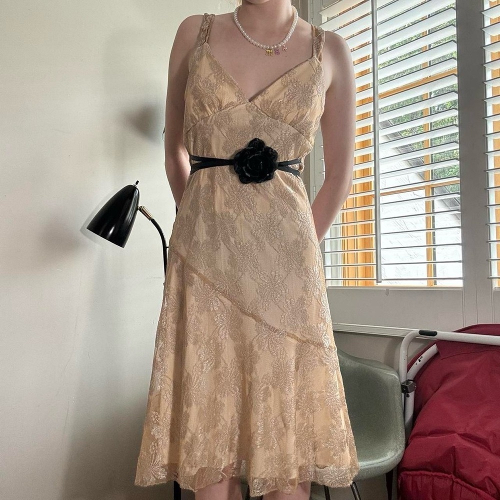 Vintage Ruby Rox Gold Floral Lace Slip Dress (S-M) - Picture 3 of 6